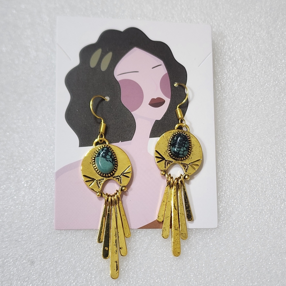 3/$25 Boho Faux Turquoise Fringe Drop Earrings Antique Gold Tone Western Tribal
